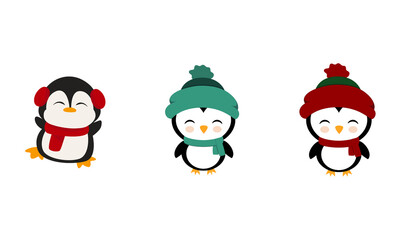 Adorable Winter Penguins Icon Set Isolated on White Background Illustration Vector 300 DPI. Cute penguins in winter outfits clip art, perfect for kids decor, holiday cards, and prints.