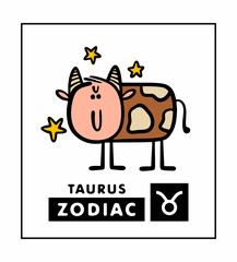 Zodiac sign Taurus. Vector illustration of a bull with a human head and horns. A mythical creature on a farm, a cow with a spotted hide. The science of astrology is for predicting the future.