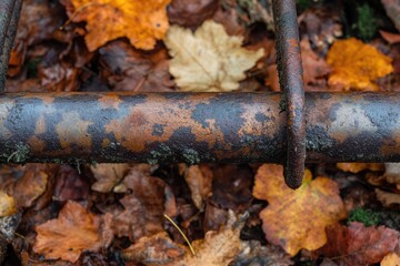 Obraz premium A rusty metal pipe, partially covered in moss, lies amidst a bed of vibrant autumn leaves, showcasing rustic textures and the beauty of decay.
