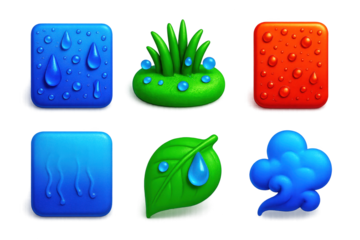 3D Condensation Icons. 3D icon set of condensation scenes: droplets on glass, moist grass patch, metal surface with dew, foggy