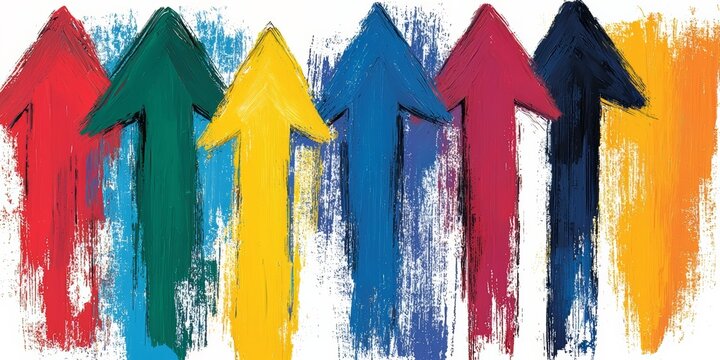 Series of colorful arrows pointing in different directions. The arrows are painted in various colors and sizes, creating a sense of movement and energy. The image conveys a feeling of progress