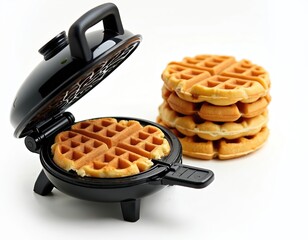 Black waffle maker bakes fresh round waffles. Stack of golden crispy waffles sits nearby. Perfect for breakfast or dessert treat. Simple homemade baking joy.