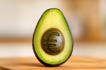 Half an avocado with a euro symbol carved into the pit displayed on a wooden surface with a blurred indoor background emphasizing fresh produce and finance concepts