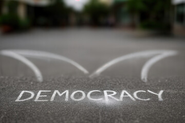 Fototapeta premium Chalk Drawing of the Word 'Democracy' on Asphalt with Arrow Symbols Outdoors, Featuring a Blurred Background for Conceptual Context With Shallow Depth Of Field