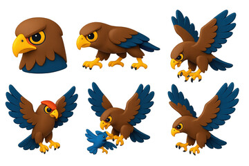Predator Icon Set. 3D icon set of predatory behaviors: focused gaze, stealth approach, extended talons mid-dive, wing brake before