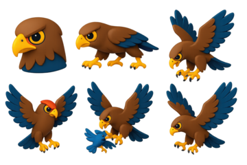 Predator Icon Set. 3D icon set of predatory behaviors: focused gaze, stealth approach, extended talons mid-dive, wing brake before