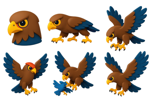 Predator Icon Set. 3D icon set of predatory behaviors: focused gaze, stealth approach, extended talons mid-dive, wing brake before