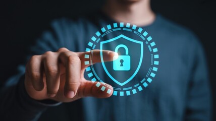 Man touching a digital shield with a padlock representing cybersecurity and data protection conceptual image