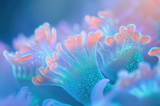A mesmerizing close-up of vibrant, glowing coral or sea anemones, showcasing stunning bioluminescent blues, pinks, and oranges in an underwater world.
