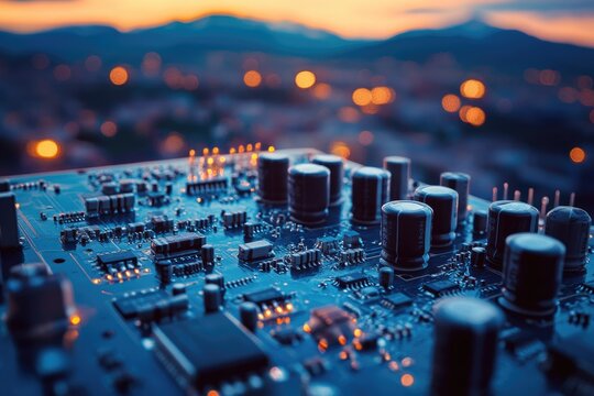 A vibrant blue circuit board with intricate, glowing components against a blurred city skyline at dusk, symbolizing advanced technology and global connectivity. - Powered by Adobe