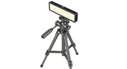 A close up of a small black tripod holding a rectangular led light panel on a black background studio shot
