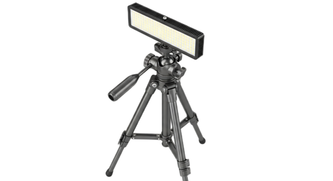 A close up of a small black tripod holding a rectangular led light panel on a black background studio shot