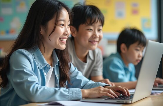 Asian elementary students and teacher collaborate on laptops in classroom. Children learn via technology, engage with digital content, and use computers for education and study.
