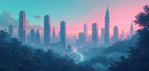 Modern city skyline with skyscrapers emerges from misty forest at sunset. Glowing road winds through dark woods to downtown center. Beautiful urban panorama with metropolis buildings, pink sky