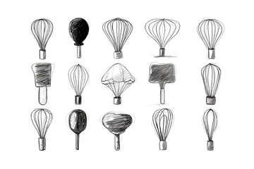 Collection of abstract futuristic and artistic figurines displayed in rows against a dark canvas isolated on transparent background