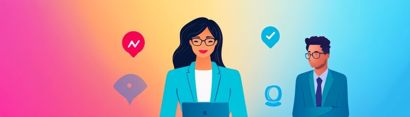 Teamwork Woman using Laptop with man standing nearby, Illustration ,Business