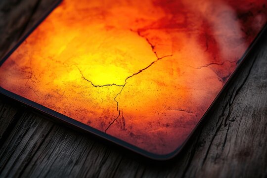 A smartphone display exhibits a vibrant, cracked, fiery-orange and yellow textured wallpaper, placed on a dark, rustic wooden surface.