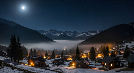 Peaceful winter night in a mountain village under a bright moon, with snow-covered roofs, glowing lights, and mist filling the valley beneath the starry sky.