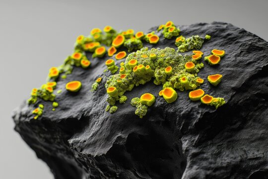 Vibrant yellow-green lichen with cup-shaped orange apothecia thrives on a dark, textured rock surface, showcasing intricate natural growth.