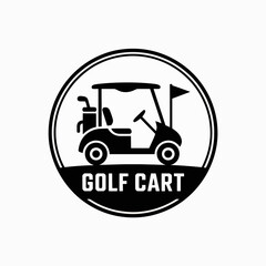 Fototapeta premium Black and white circular logo featuring a golf cart with clubs