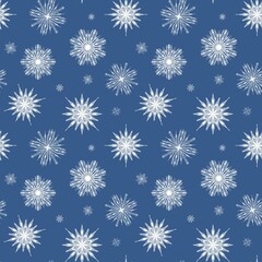 Intricate Snowflake Seamless Pattern. Elegant White Snowflakes on Dark Blue Christmas Background for Holiday Fabric.