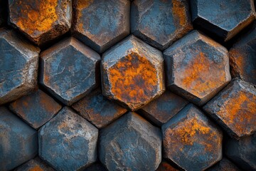 A close-up of weathered hexagonal rock columns, featuring a striking texture of dark grey and vibrant orange, reminiscent of basaltic formations.