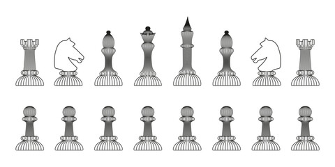 Full set of chess pieces  in minimalist wireframe style,  black lines and contours white background.