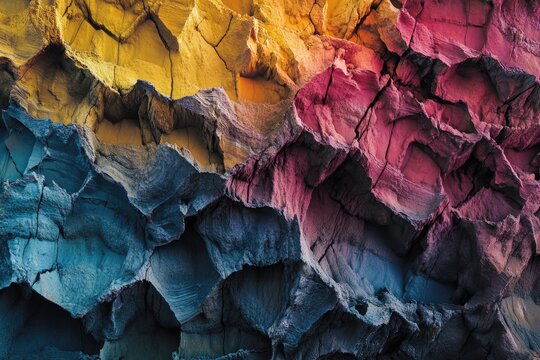 Abstract, vibrant rock formations display striking yellow, blue, and pink hues. Intricate cracks and layered textures create a dynamic, colorful geological masterpiece.