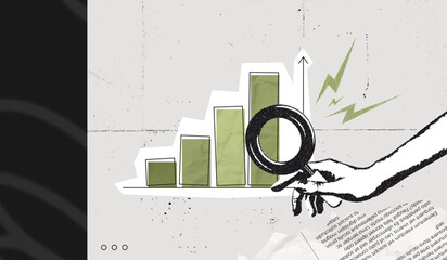 Trendy Halftone Stipple effect Hand holding magnifying glass with up chart. Finance business data graph. Stock market statistics chart. Trending upwards. Vintage retro vector illustration art
