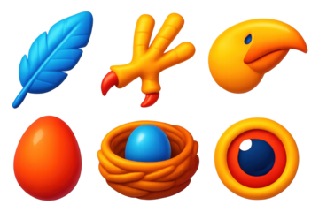 Bird Anatomy Icons. 3D icon set of bird anatomy: wing feather, talon claw, beak, egg, nest, eye. A set of 3D-style icons in a