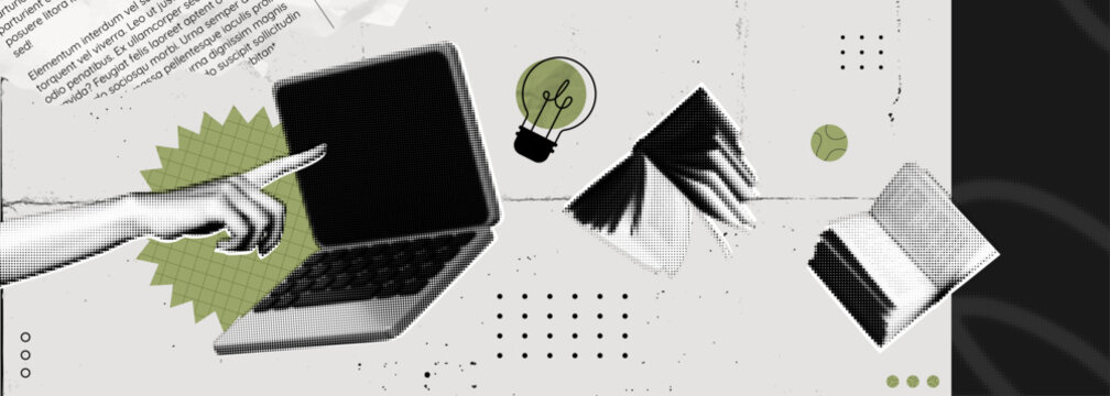 Trendy Halftone Collage Online education concept. Computer laptop with hand and floating books. Smart thinking and brainstorming. News course, webinar. Contemporary vector illustration art