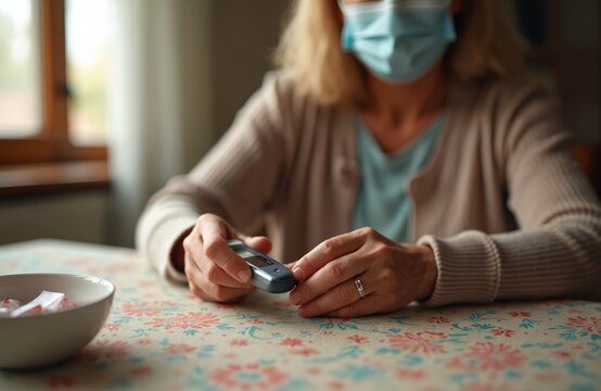 Senior woman wearing face mask tests blood sugar level at home. She holds glucose meter, checking glycemia during pandemic. Diabetic patient monitors health.