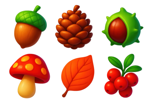 Woodland Treasure Icons. 3D icon set of woodland treasures: acorn, pinecone, chestnut, mushroom, fallen leaf, berry cluster. A set