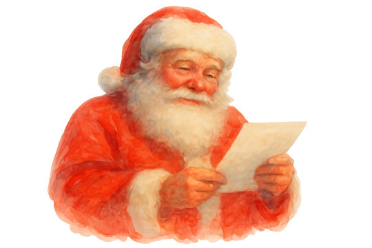 Santa claus reading children's wish list, vintage watercolor illustration for christmas holiday