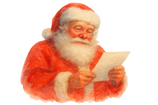 Santa claus reading children's wish list, vintage watercolor illustration for christmas holiday