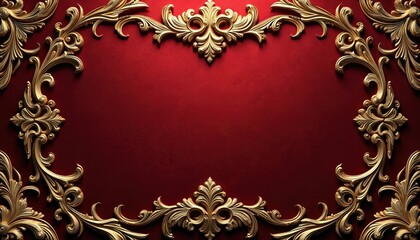 Luxurious red background with ornate gold baroque patterns. Elegant frame adorns deep crimson texture. Royal flourish border with copy space for text.