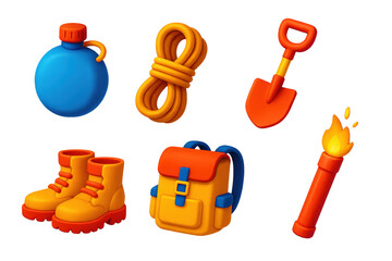 Desert Survival Icons. 3D icon set of desert survival gear: water canteen, rope, sand boots, shovel, backpack, rescue flare. A set
