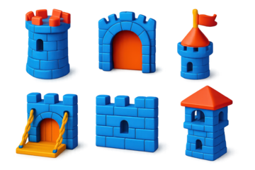 Vivid Castle Icons. 3D icon set of medieval castles: stone tower, arched gate, drawbridge, flag on turret, castle wall, watchtower