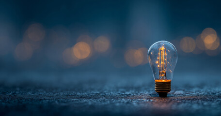 A lit filament light bulb on a dark surface with bokeh lights in the background, representing ideas and innovation