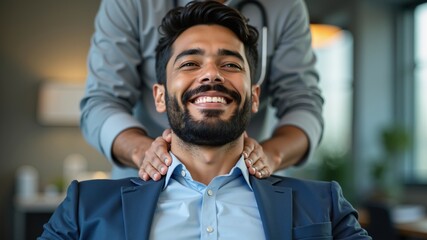 Happy masseuse doing neck massage for businessman in office on blurred background. Arabic style. Muslim businessman.
