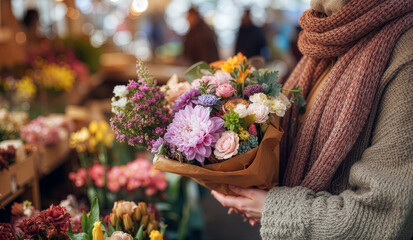 Woman holding vibrant floral bouquet in a bustling flower market
