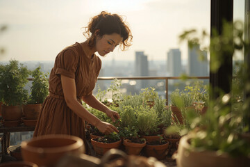 Calm woman nurturing potted herbs in her urban rooftop garden during sunset