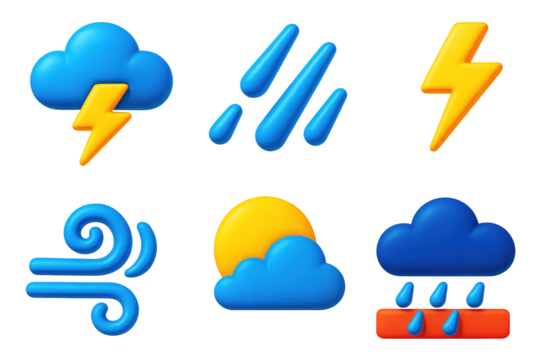 3D Storm Icons. 3D icon set of stormy skies: thundercloud, rain streaks, lightning flash, swirling wind, moon behind clouds, storm