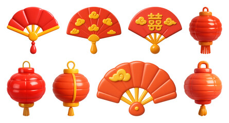 Fototapeta premium PNG Vibrant Chinese festival decorations, element set on transparent background