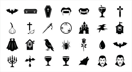 Obraz premium A comprehensive set of black silhouette icons representing classic vampire and gothic horror themes for Halloween