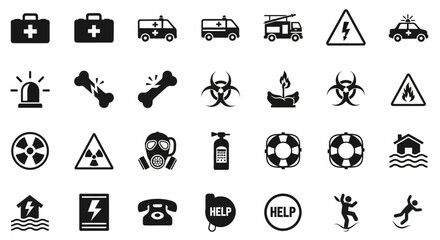 Ingenious set of monochrome emergency and disaster icons, including symbols for accidents, hazards, rescue, and first aid assistance