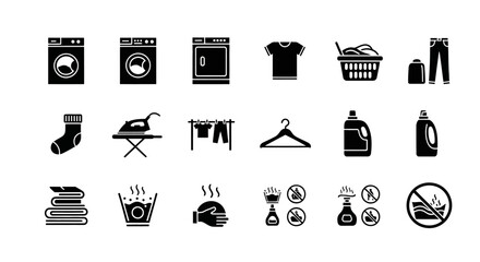 Set of black silhouette icons representing laundry service, washing machine, drying, ironing, and clothing care symbols