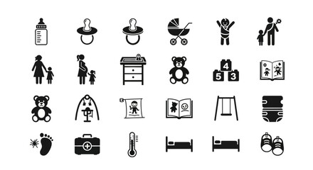 A comprehensive set of simple monochrome glyph icons for baby care, newborn essentials, and early childhood development