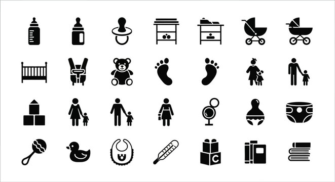 A versatile solid glyph icon collection of essential baby care items, newborn products, and early childhood symbols