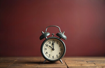 An old fashioned alarm clock rests on wooden table. The clock shows time nearing eleven oclock with burgundy background. Time concept photo, perfect for deadlines.
